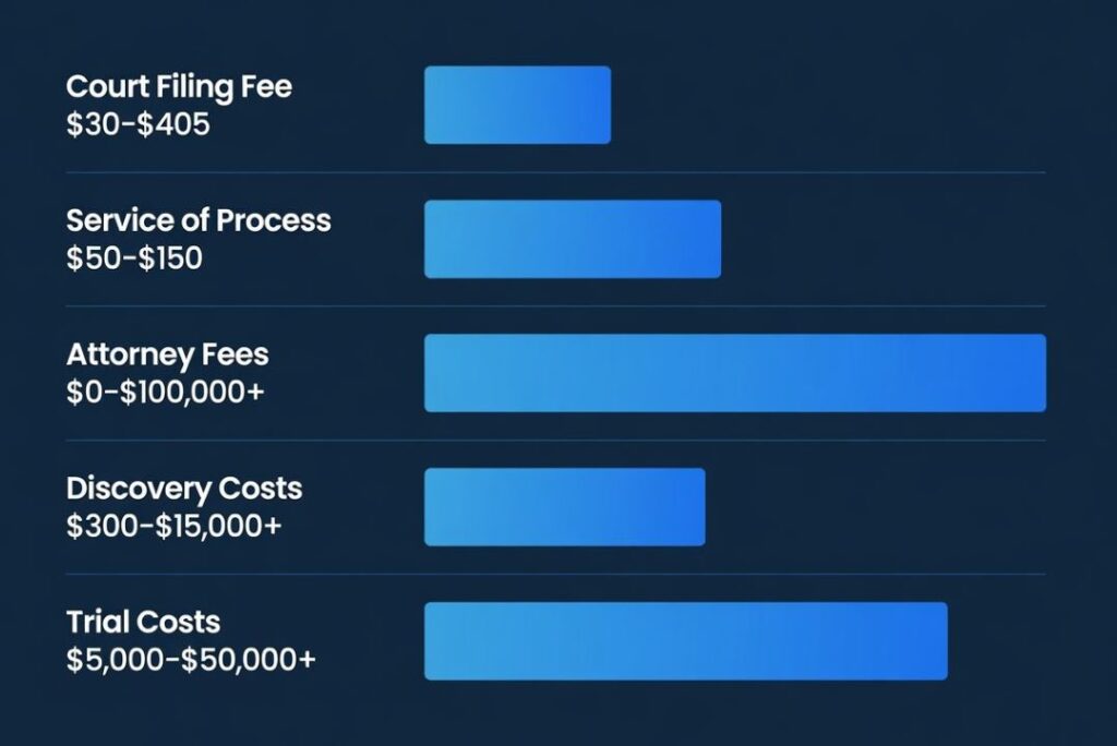 Breakdown chart of the five main cost categories in a civil lawsuit from filing fees to trial costs
