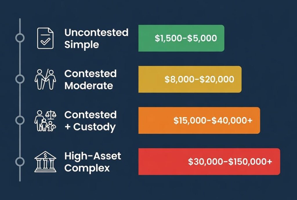 Cost range chart showing total divorce lawyer fees from uncontested simple cases to high-asset complex contested divorces